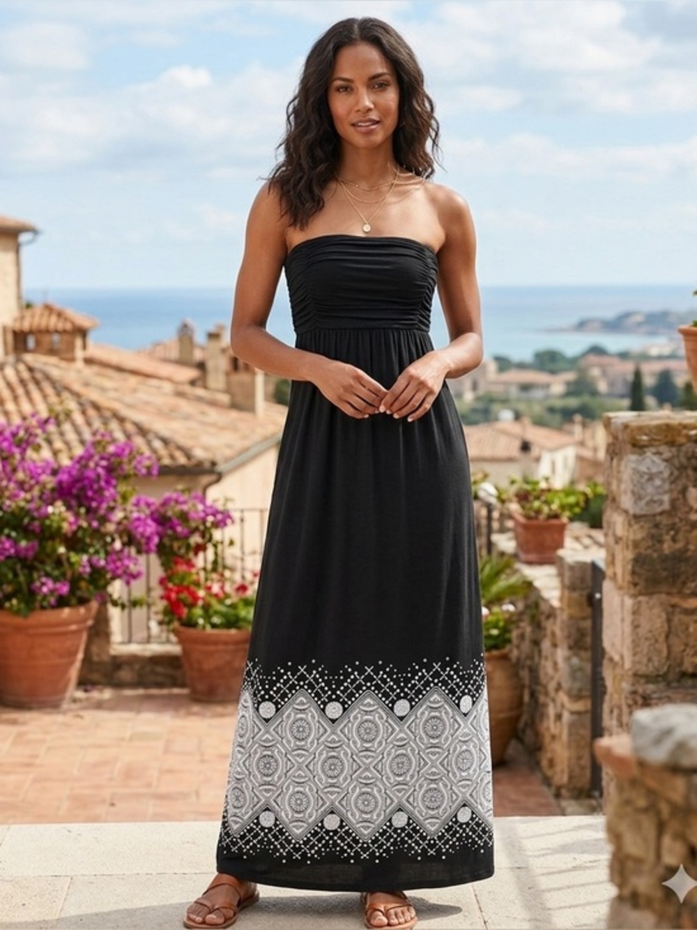 Soma Women’s Small Black Modal Bandeau Vanessa Maxi Dress S White Print Resort